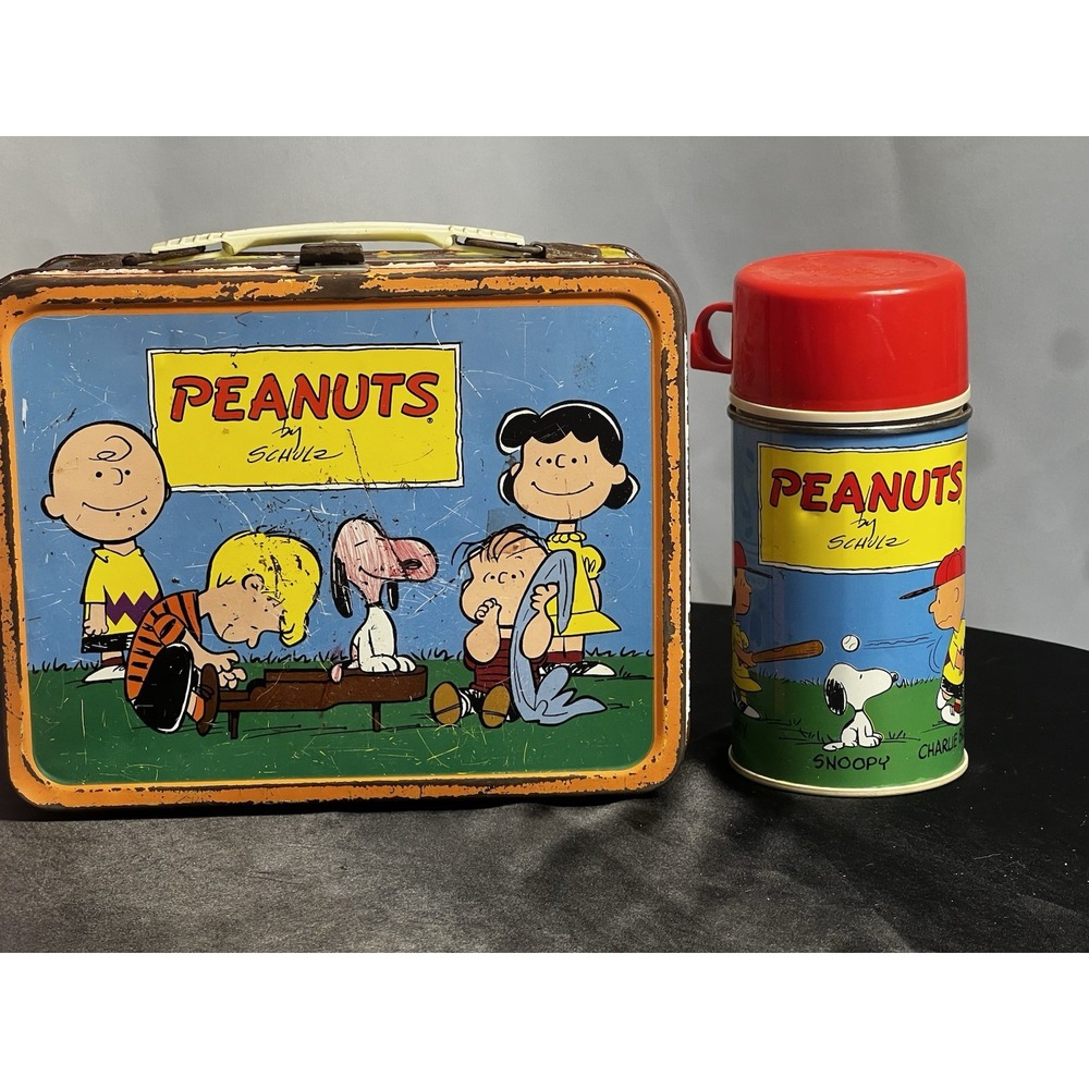 Vintage Peanuts Metal Lunch Box + Thermos 60's - 70's Rare Collectible